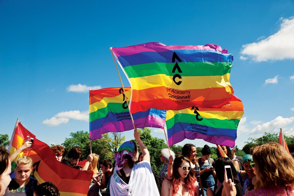 art academy of cincinnati pride flags and students at parade