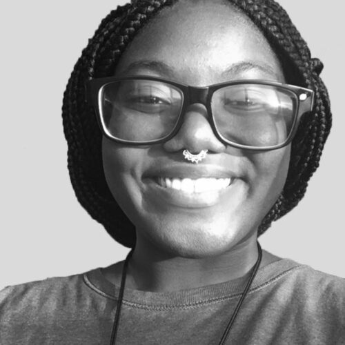 black and white headshot of woman