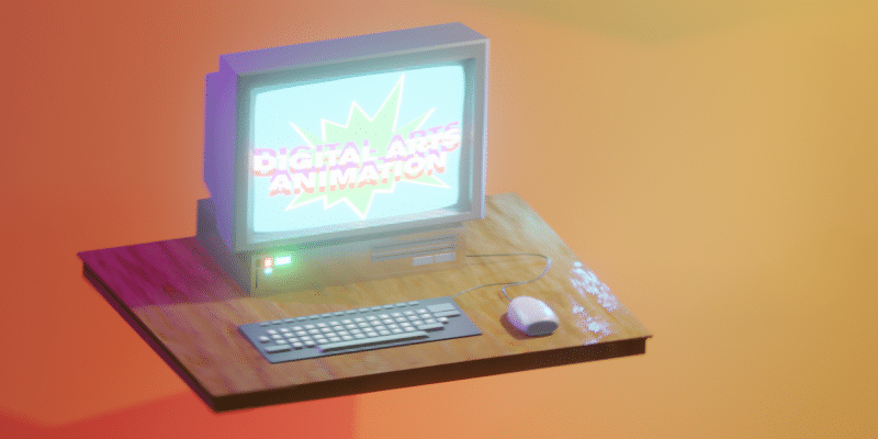 digital rendering of a desktop computer with the screen reading "digital arts animation"