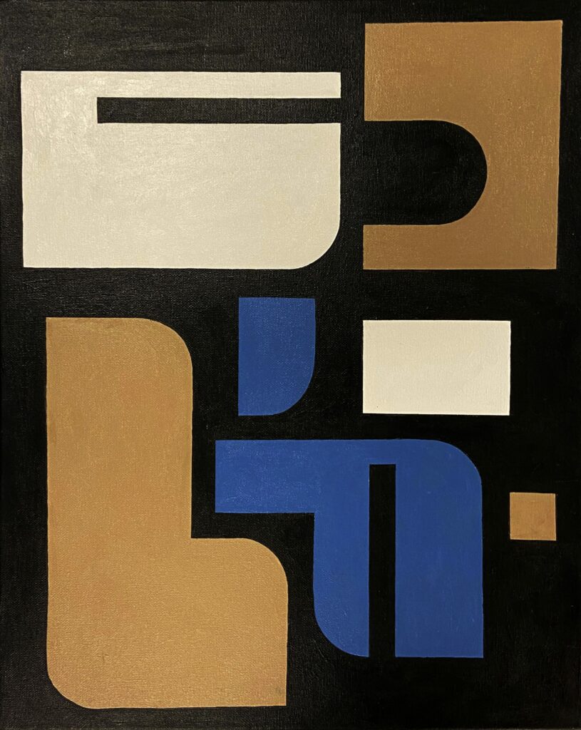 abstract painting with blue, creme, brown, and black shapes