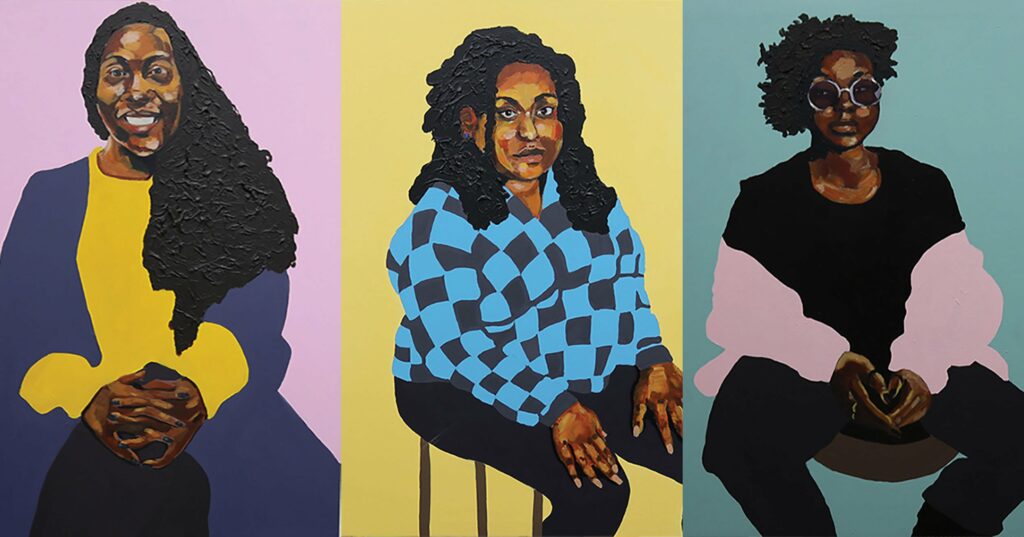 three paintings of women