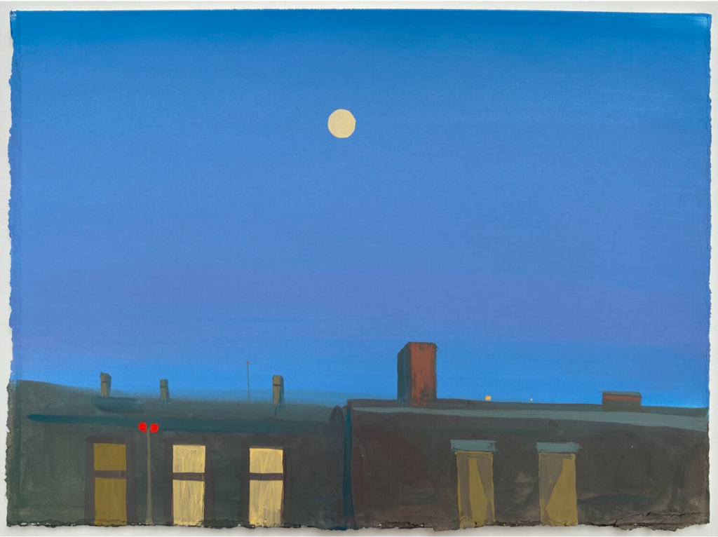 painting of sky and moon at dusk over buildings