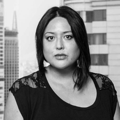 black and white headshot of woman