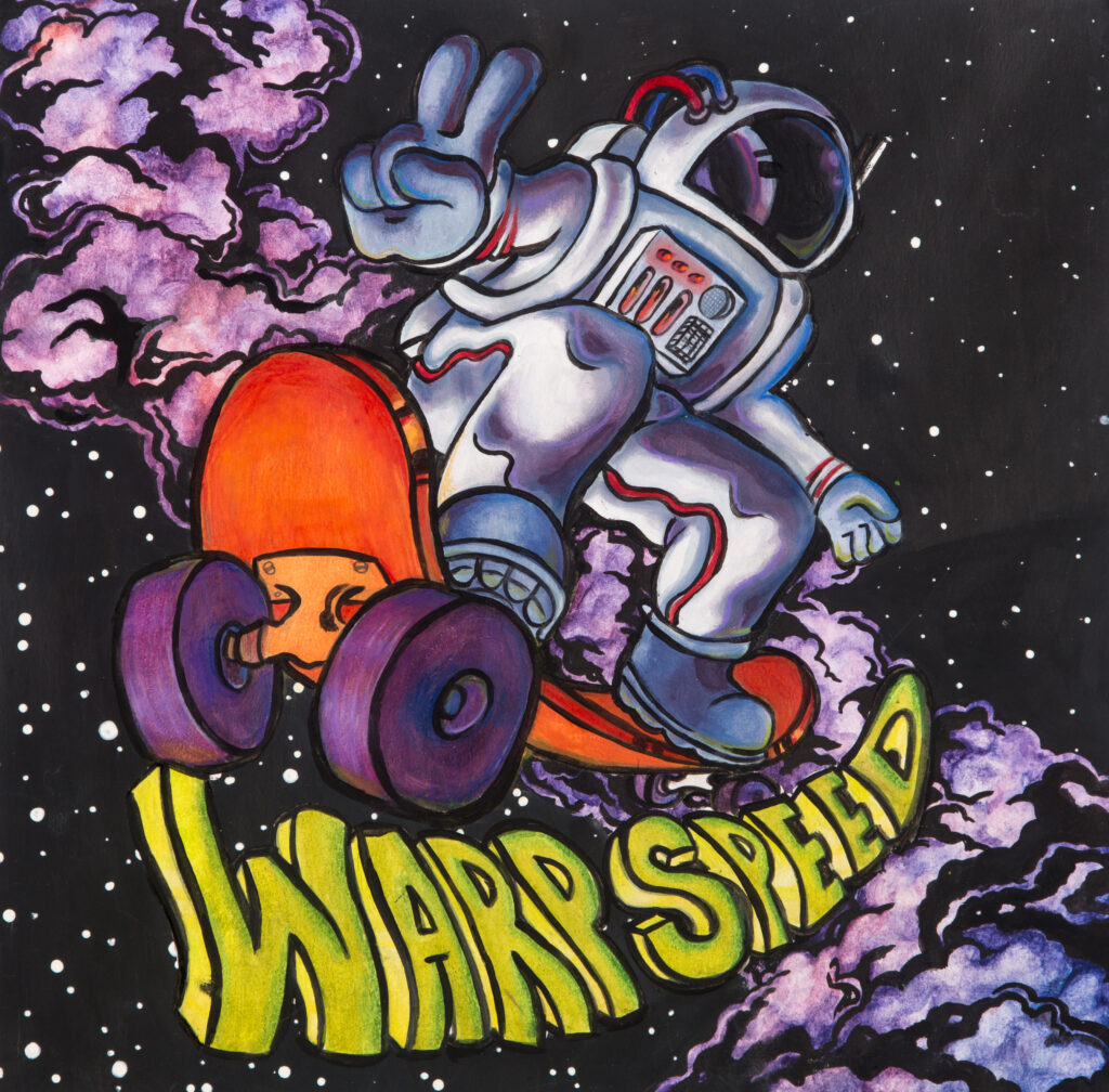 illustration of astronaut on skateboard reading "warp speed"