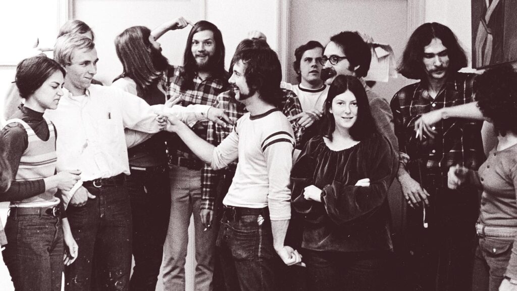 black and white photo of art students from the 1970's