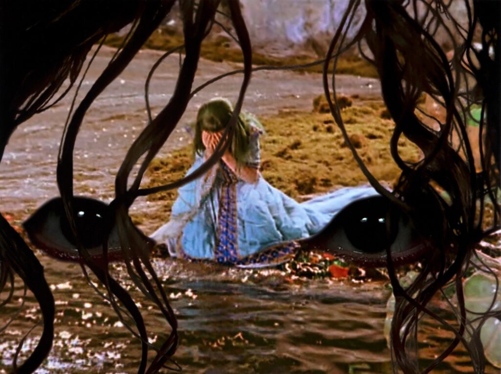 cut-out photo of eyes and strands of hair superimposed over film still of woman crying