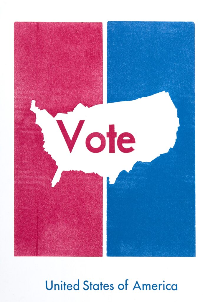 print of two red and blue rectangles with negative space in the middle forming a backwards silhouette of the united states with red text reading "vote"