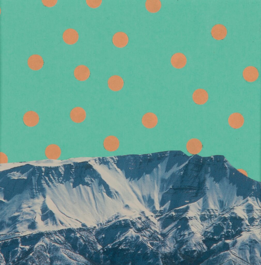collage with snowy mountains and orange polka dots on teal background