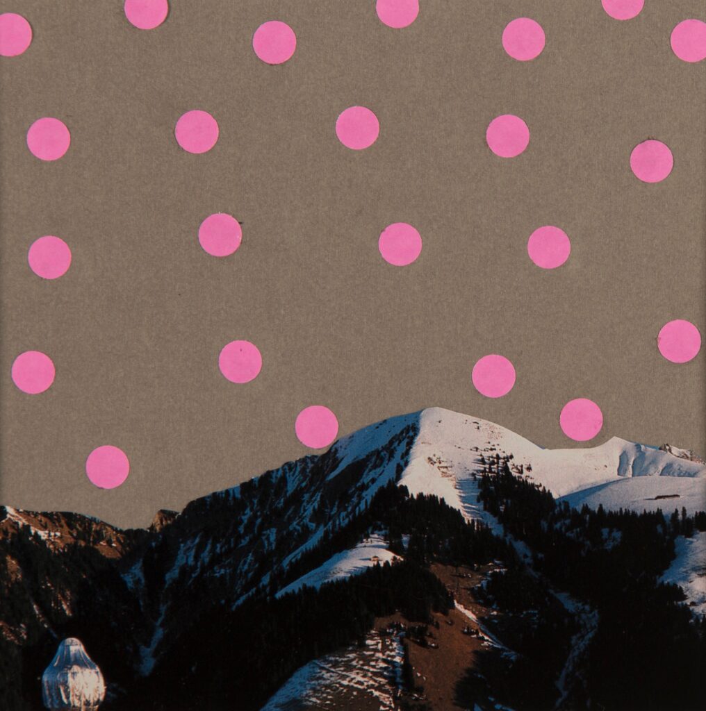 collage with snowy mountains and pink polka dots