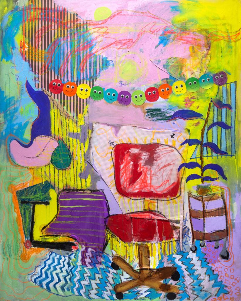 colorful painting of red chair with rainbow smiley face banner
