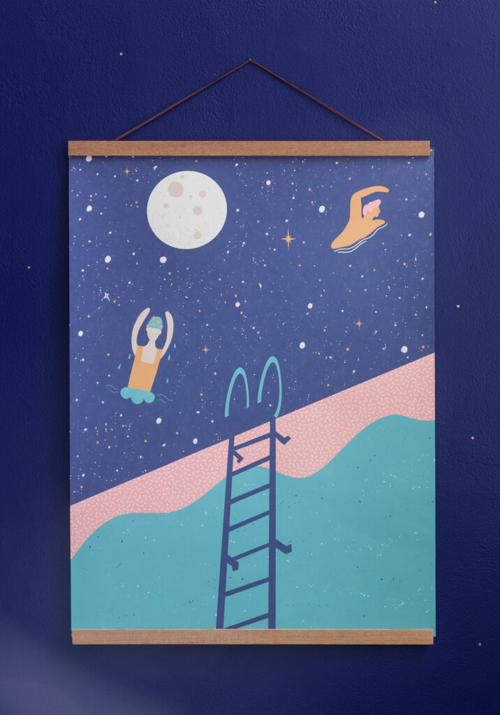 graphic poster of people swimming in space and pool ladder