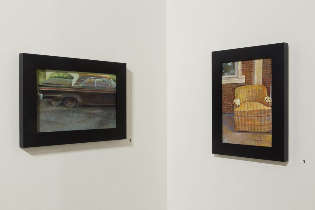 two realistic paintings of car and chair
