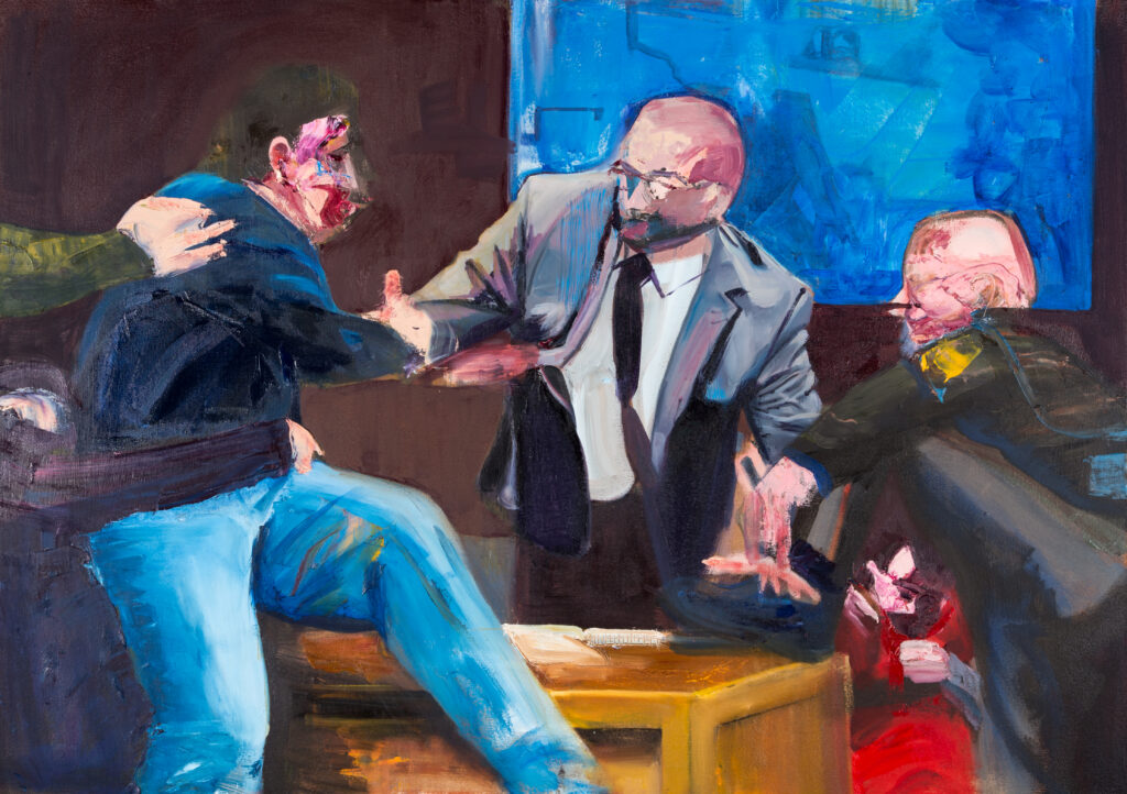 painting of man jumping over table in court room