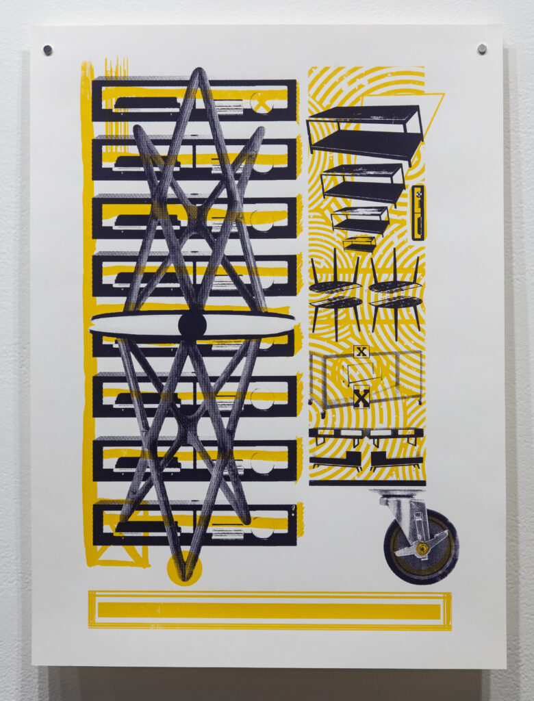 screen print of tables in yellow and blue