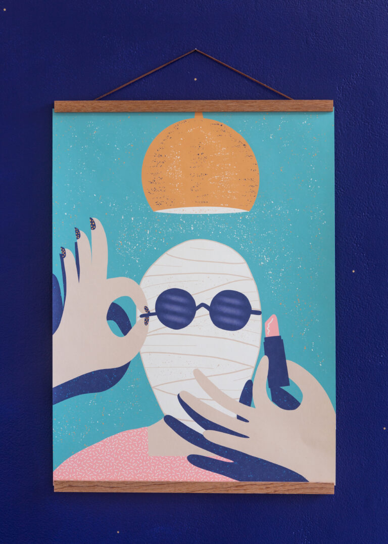 graphic poster of figure wrapped in bandages with hands and lipstick
