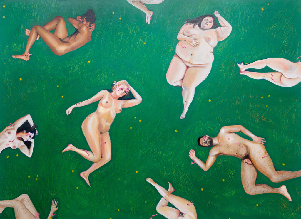 large painting with nude figures laying on grass