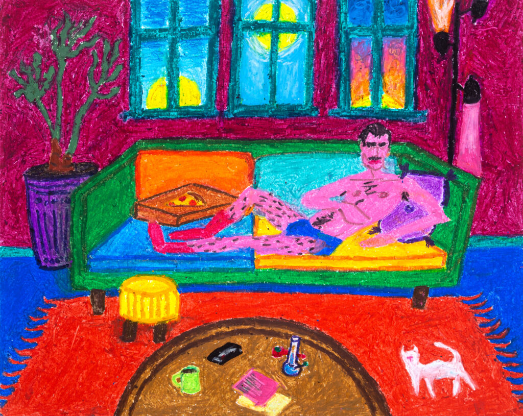 colorful drawing of man on sofa