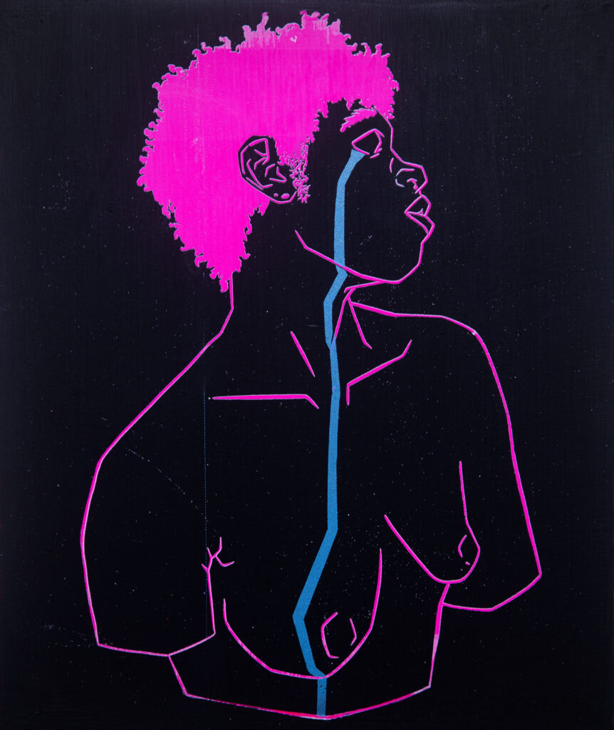 pink print of figure bust on black background