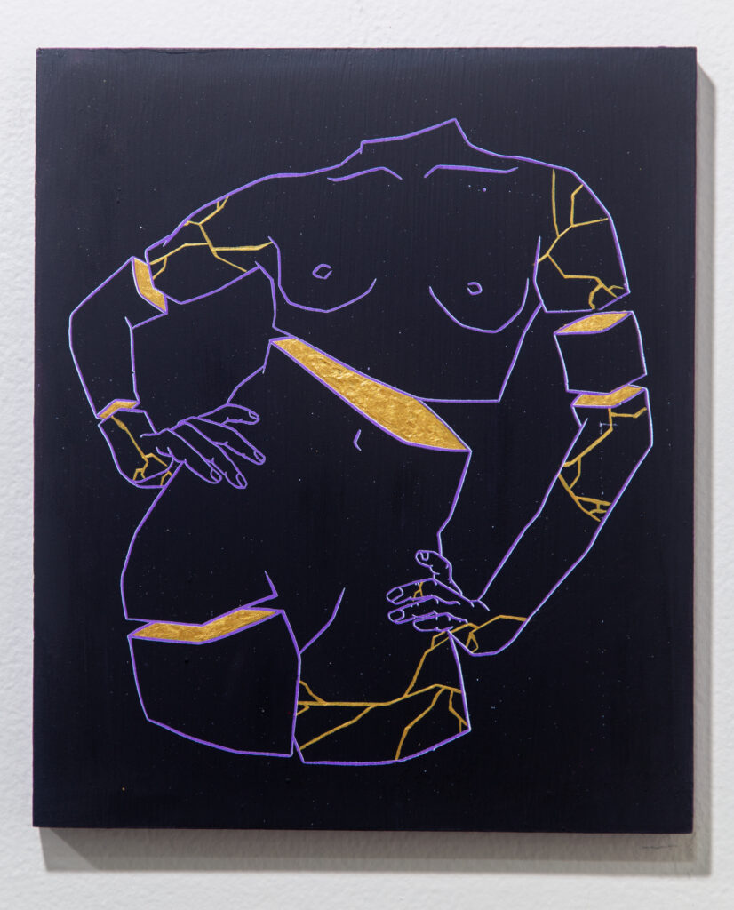 print of purple figure with gold filling in cracks on skin and detached limbs on black background