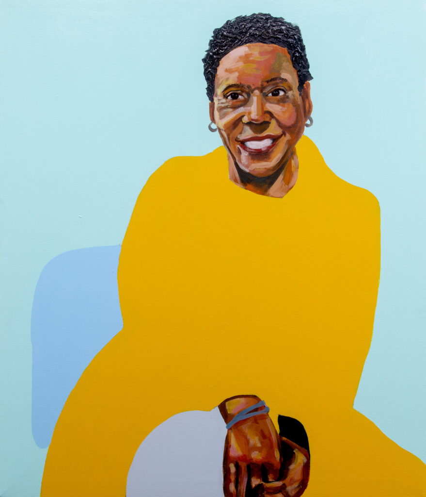 painting of woman with flat yellow graphic shapes