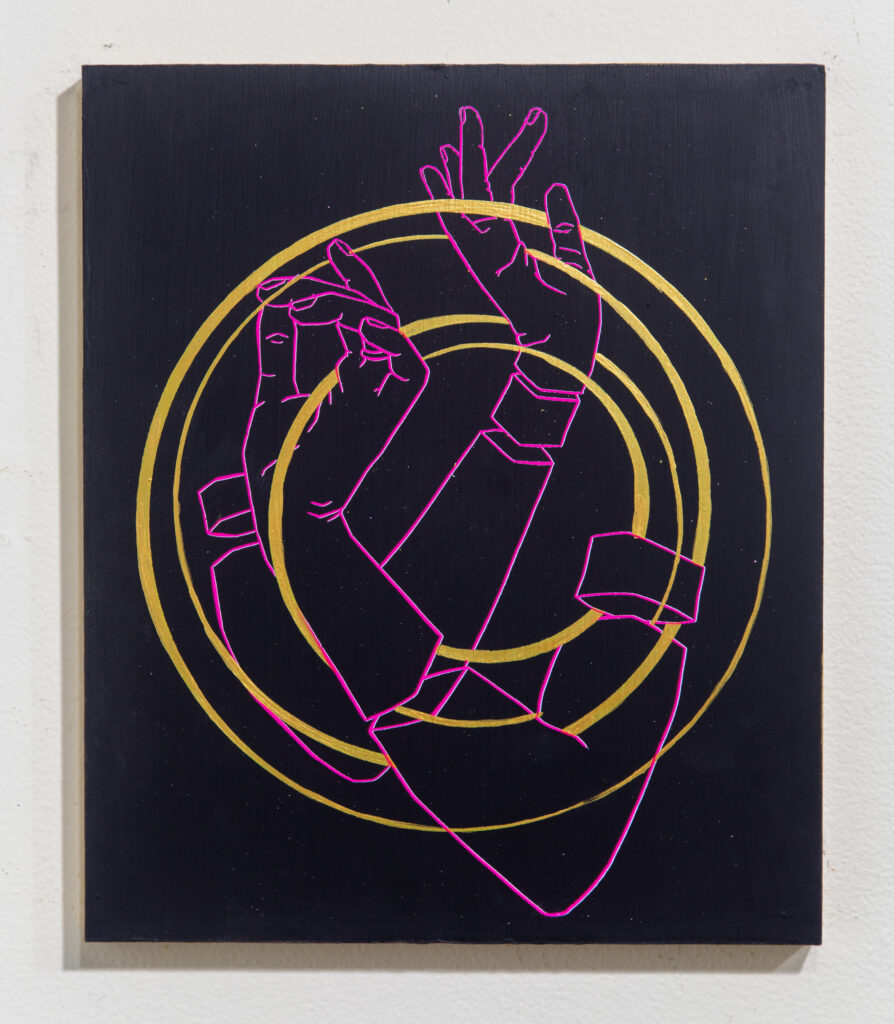 print of pink hands and arms detached in sections and overlapping with golden circles on black background