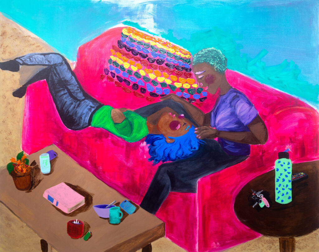 colorful painting of two people on couch