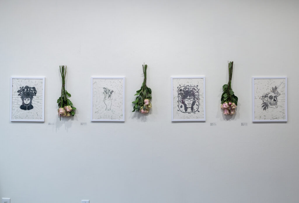 black and white relief print and upside down dried flowers