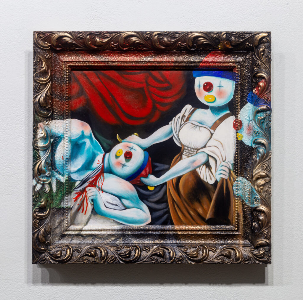 illustration of clown cutting off head of other clown