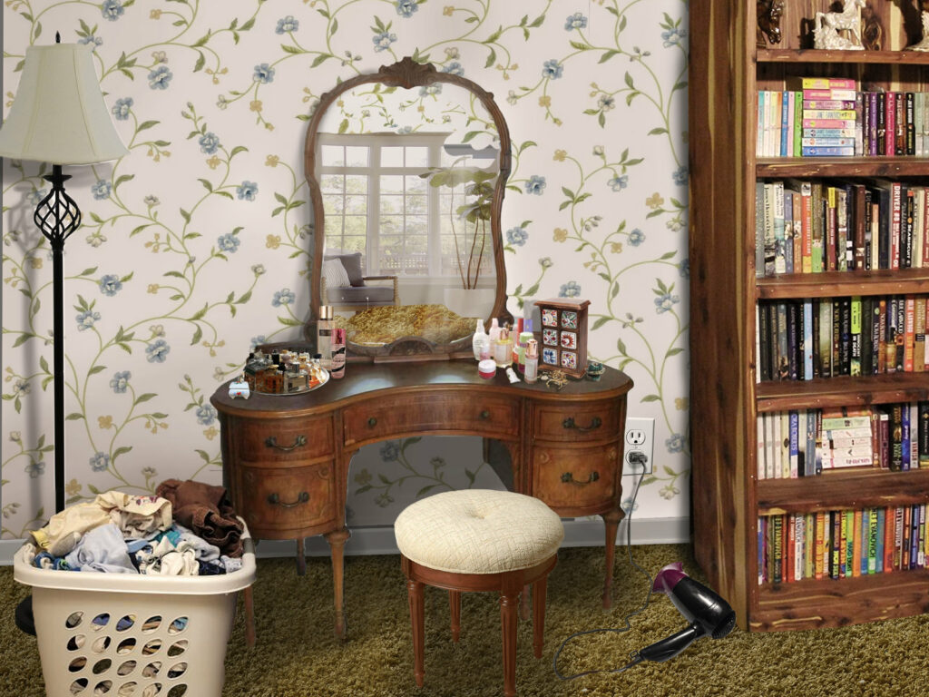 digital collage of a room with a vanity, bookshelf, and laundry basket in front of floral wallpaper