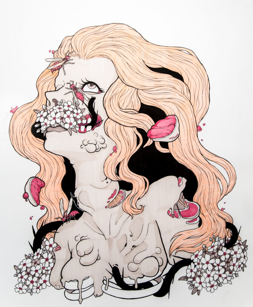 illustration of a woman in cartoonish state of decay