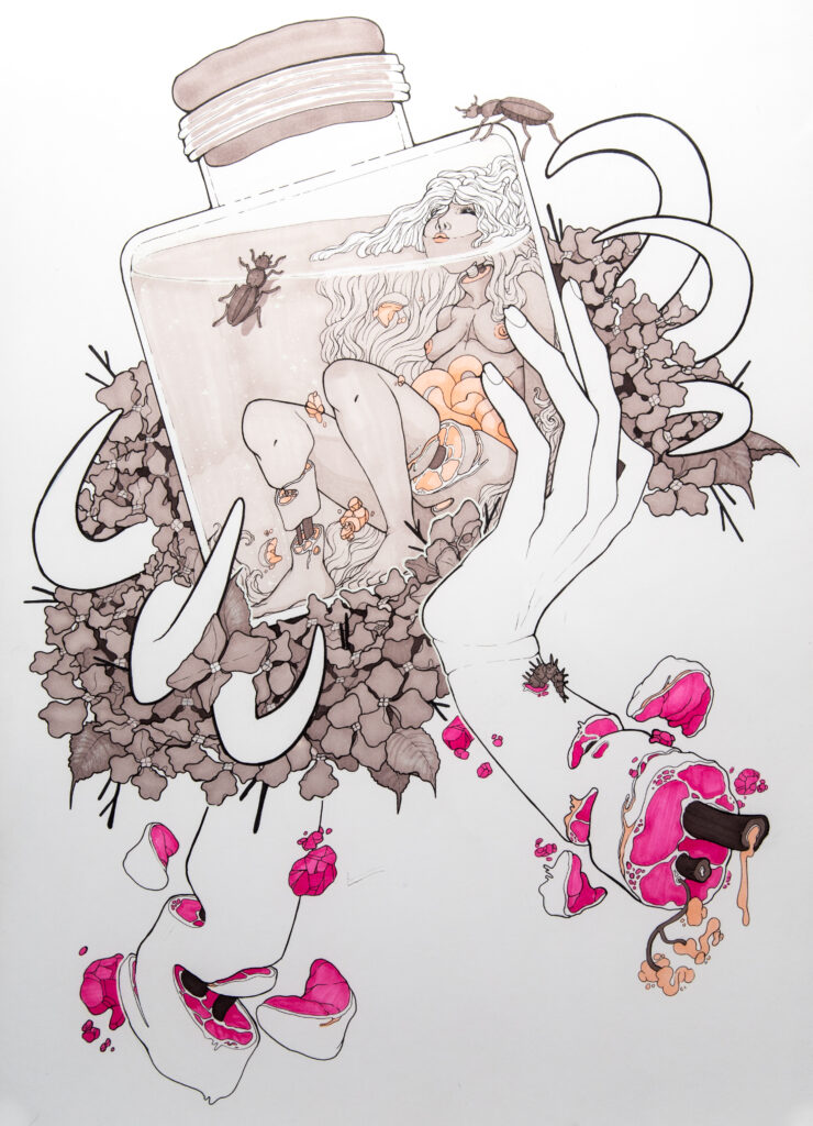 illustration of severed arm holding up jar with figure in it