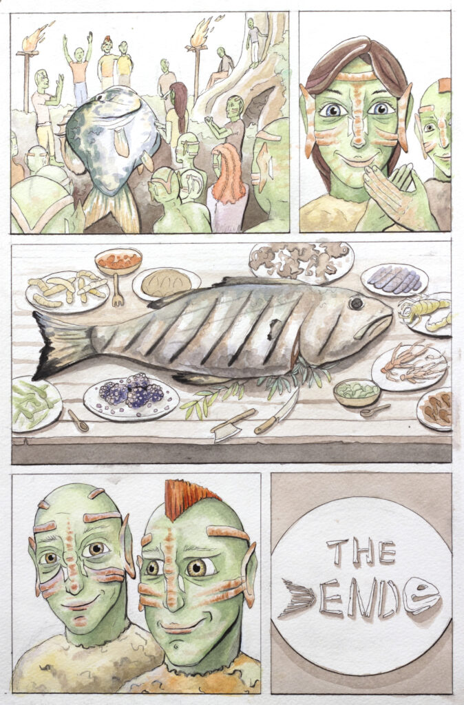 comic style watercolor of creatures and fish dinner