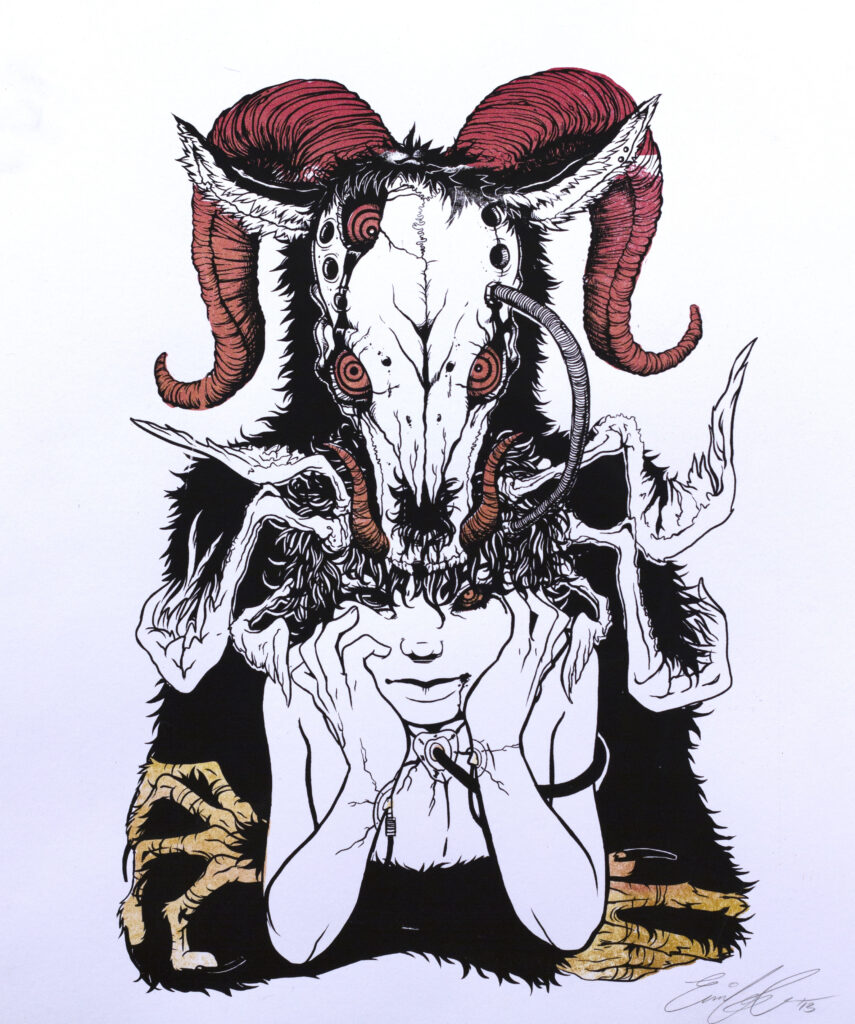 illustration of goat skull over figure in black and white