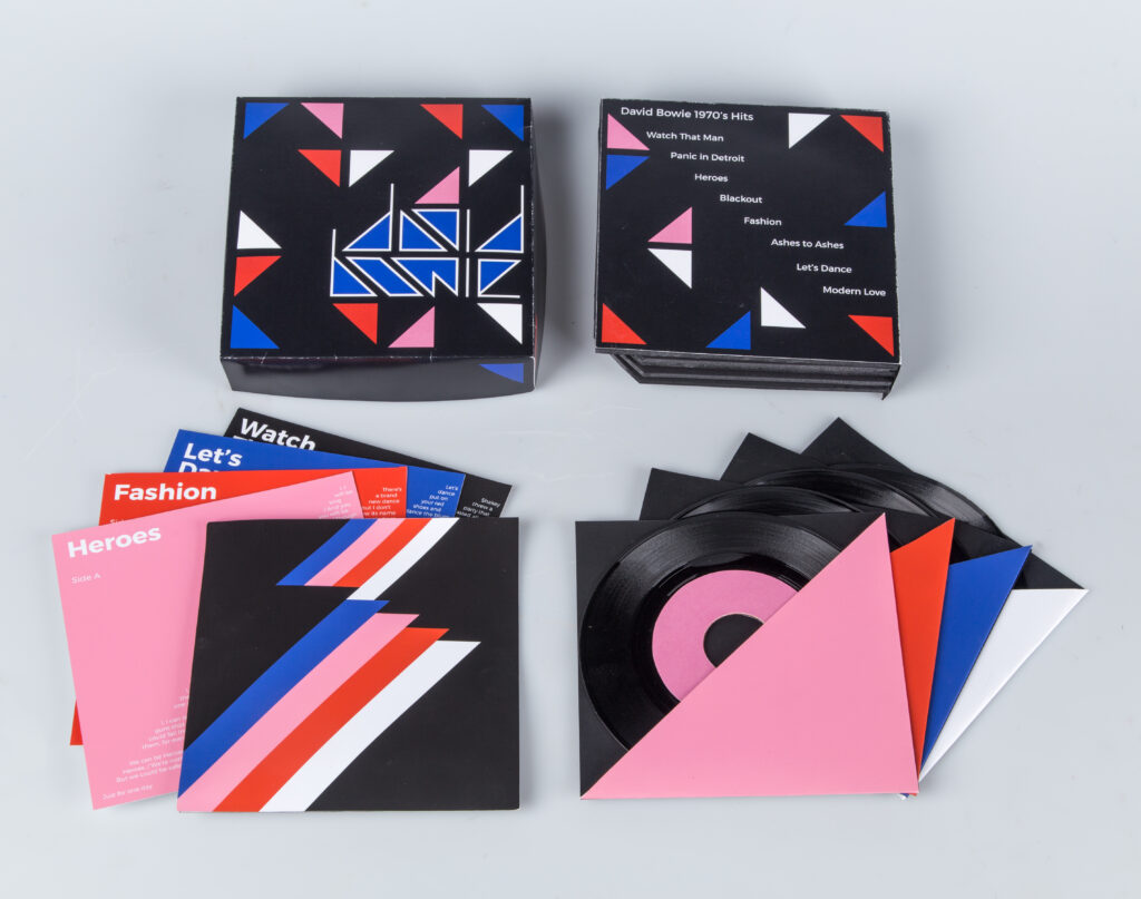 45rpm record box set with geometric patterns in black blue and pinks