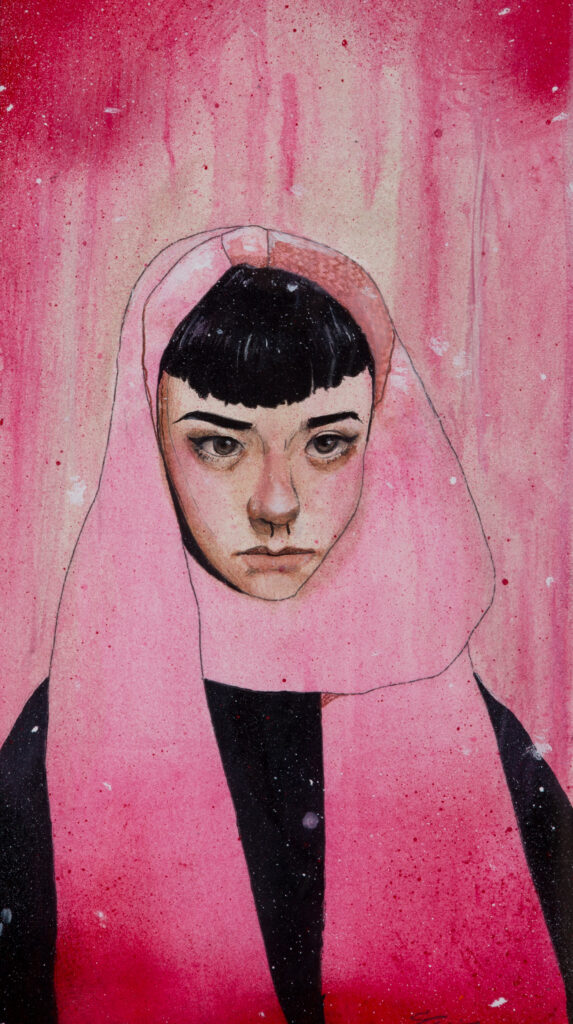 illustration of girl in pink scarf