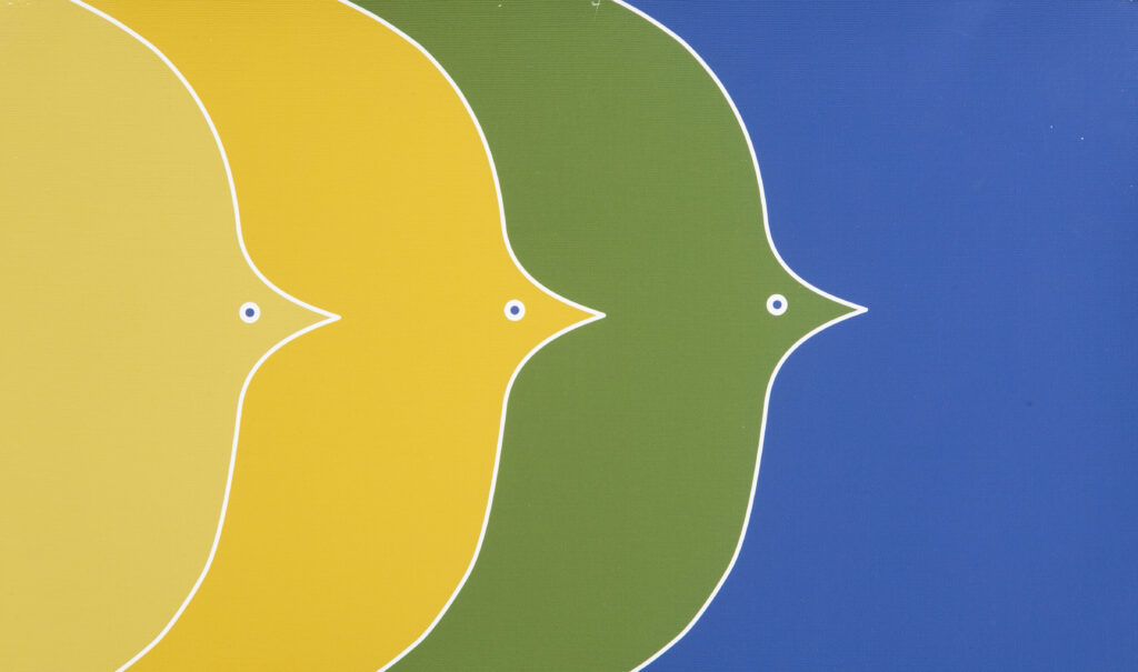 simple graphic design of bird shapes in yellow green and blue