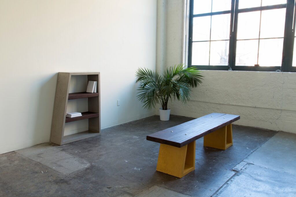 geometric bench and shelves in gallery