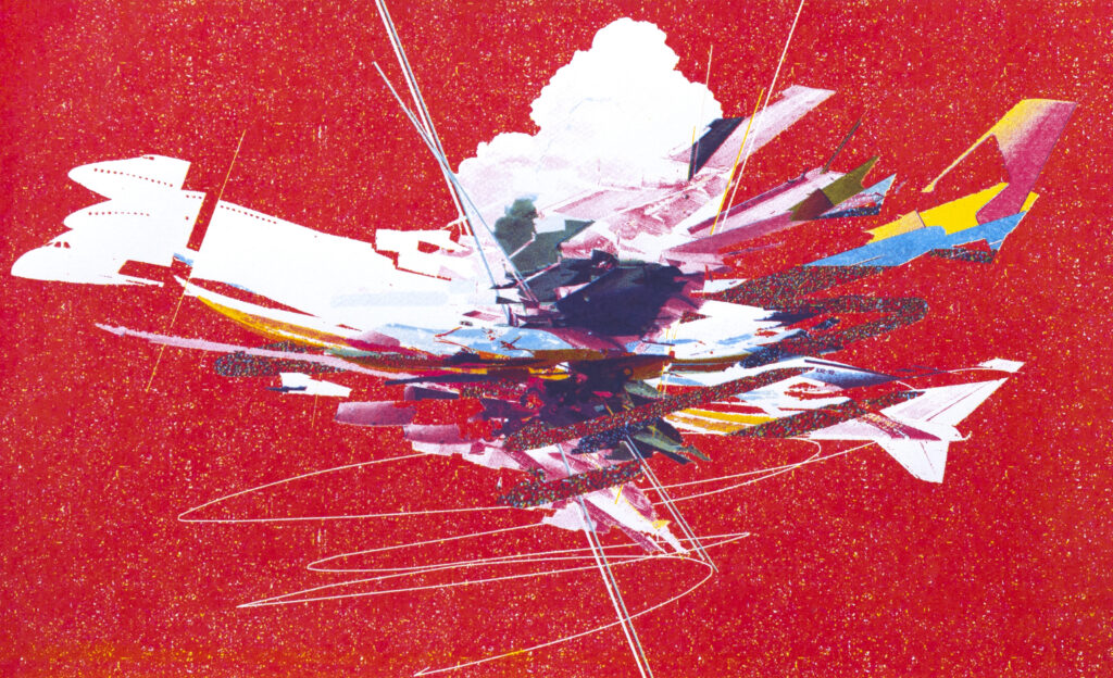 print of fractured white airplane and cloud on a red background with colorful collaged and printed shaped forming an explosion