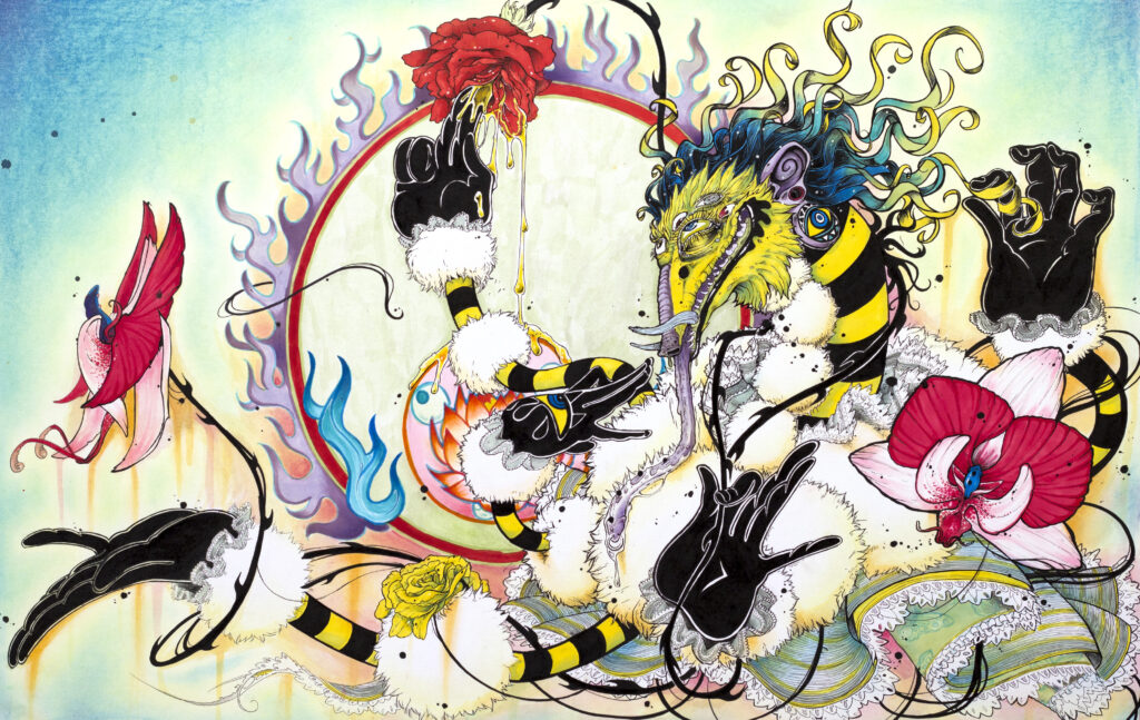 intricate illustration of black and yellow striped monster , hand and ring