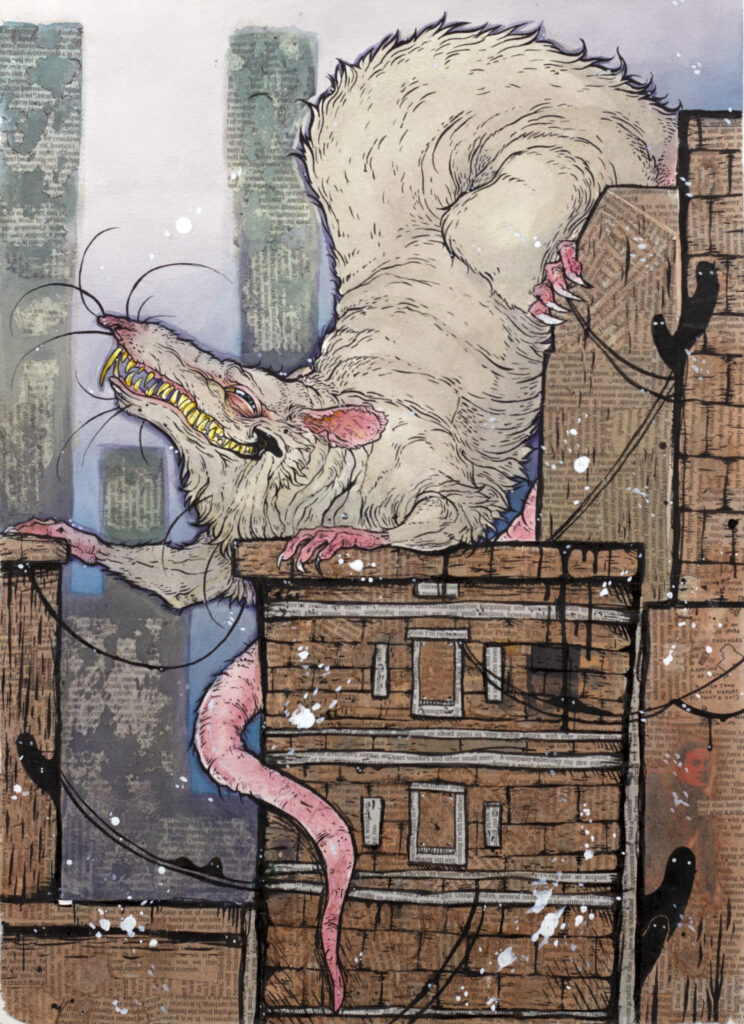 illustration of a giant rat on city building