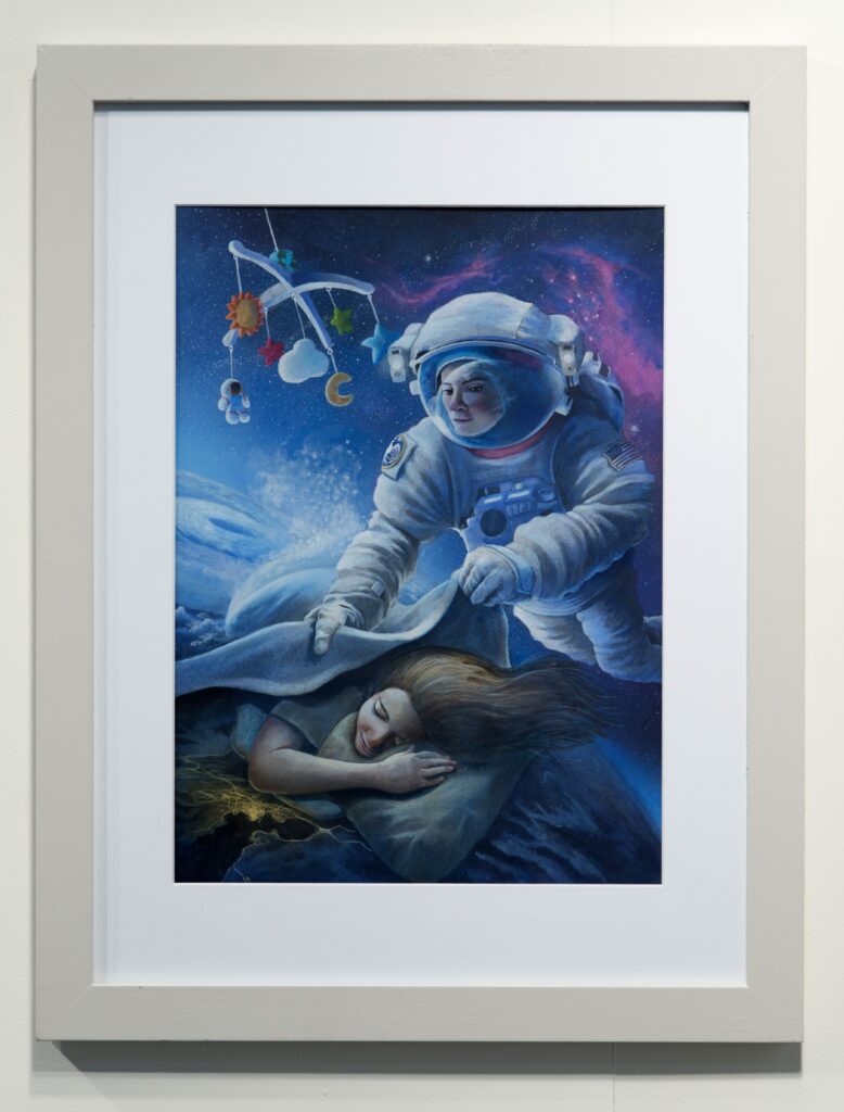 illustration of an astronaut floating over sleeping child