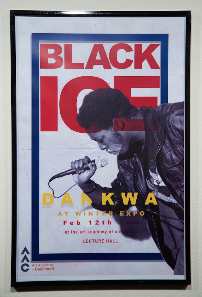 poster of man with mic and text reading "black ice"