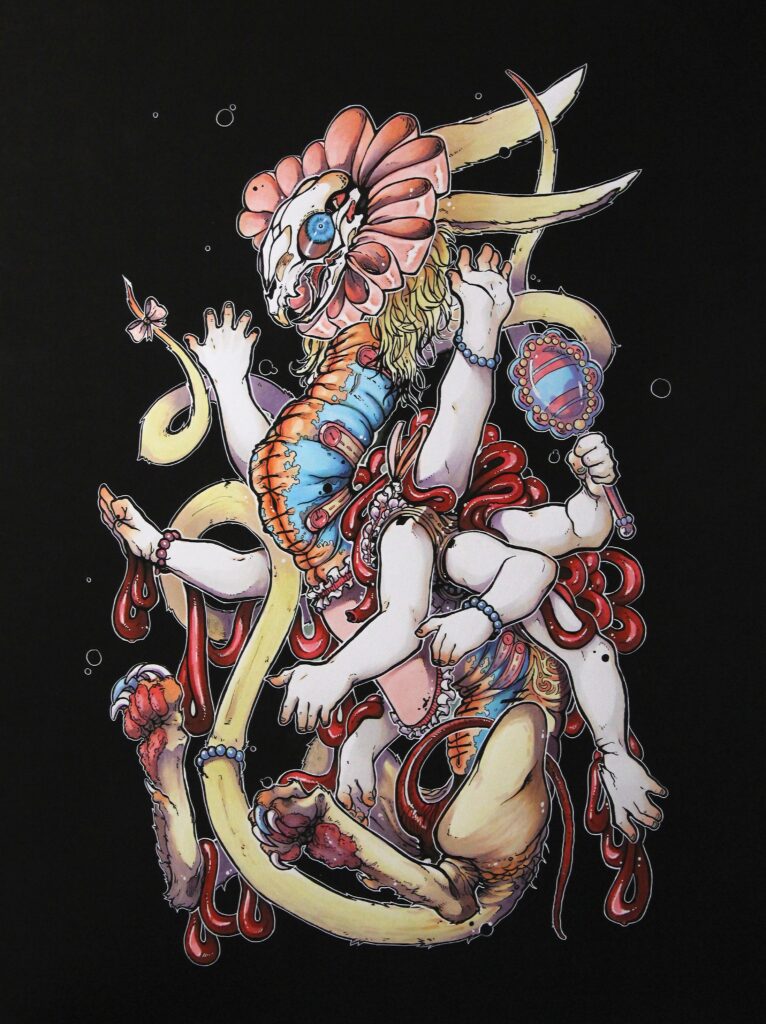 detailed color illustration of monster with many human arms