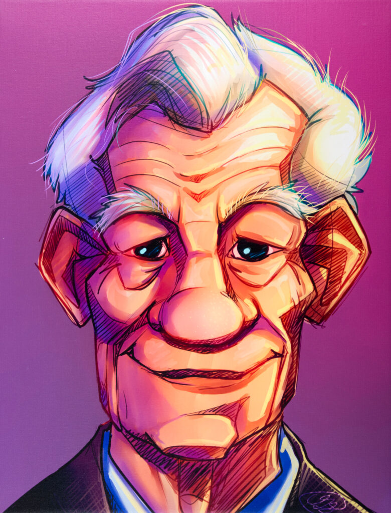 digital illustration of older man with white hair and purple background