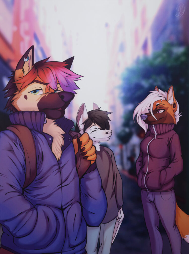 digital illustration of foxes in jackets with backpacks