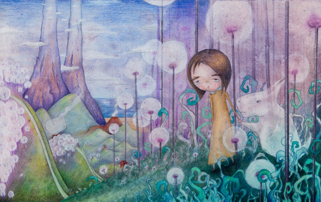 illustration of girl in fantasy world with plants and landscape