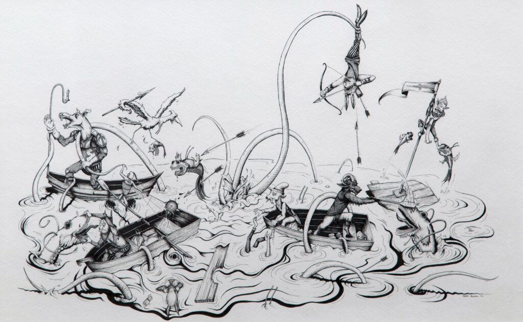 very detailed ink drawing of octopus and boat wreckage