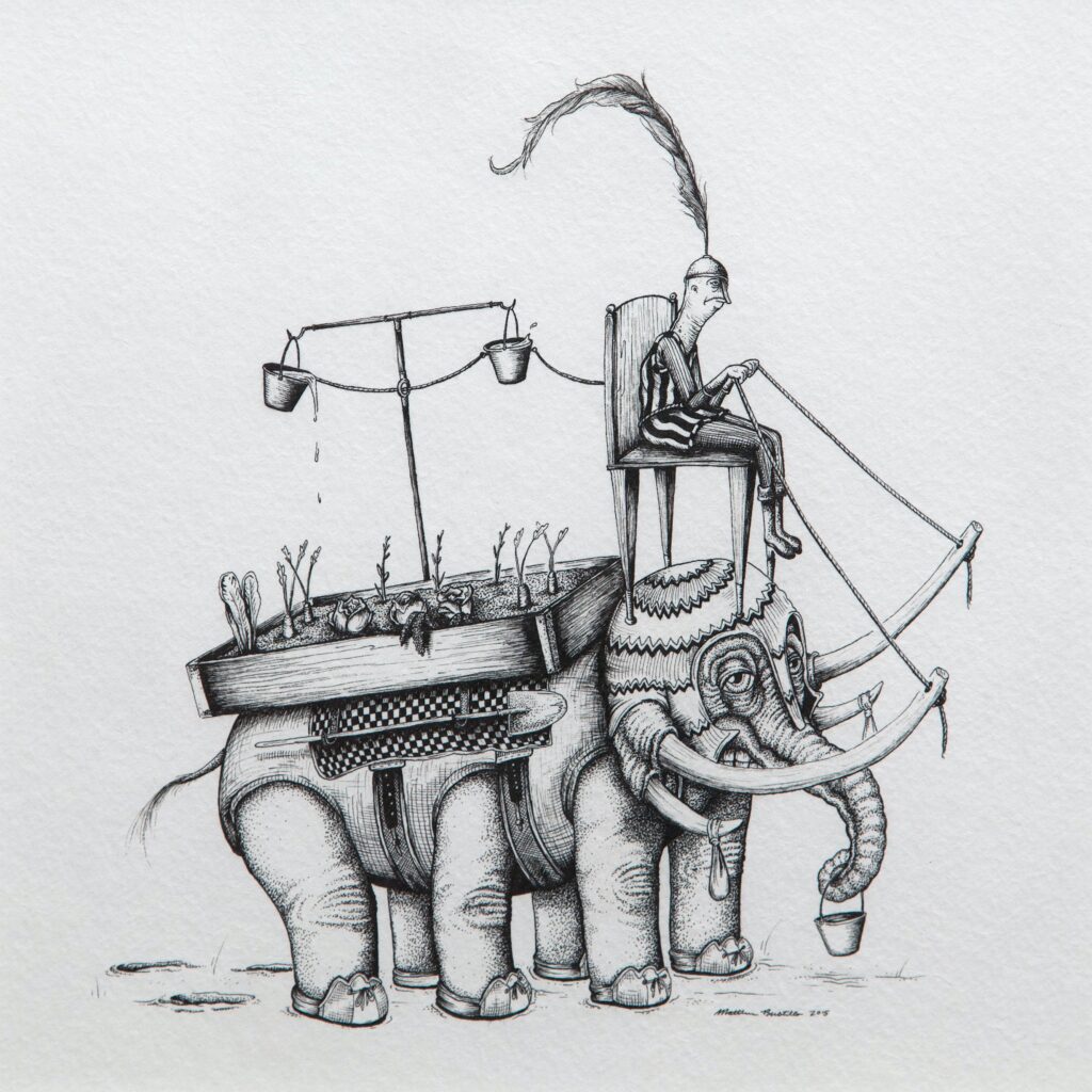 very detailed ink drawing of elephant and figure
