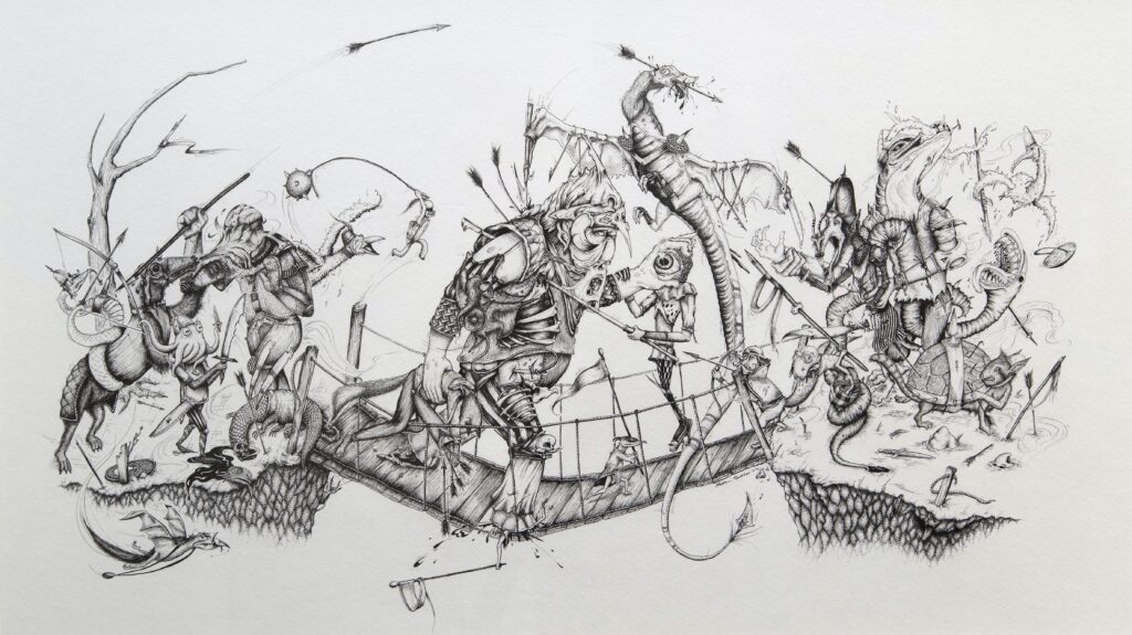 very detailed ink drawing of characters on bridge