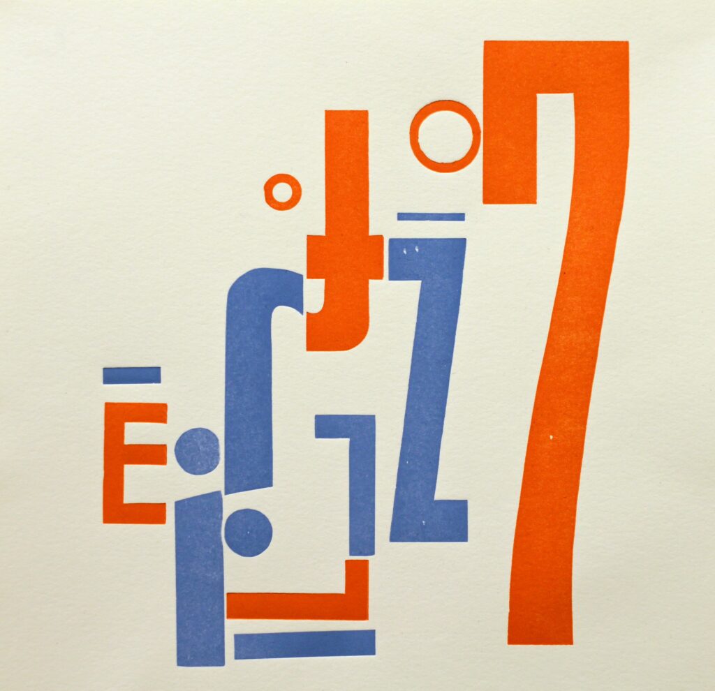 letterpress collage with blue and orange